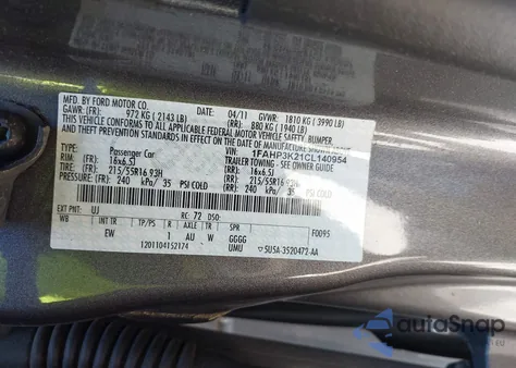 2012 Ford Focus Se z USA, uszkodzony, nr VIN 1FAHP3K21CL140954